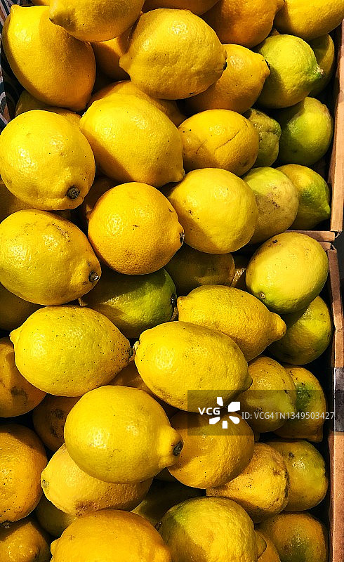 市场摊位上成堆的黄色柑橘类水果，新鲜有机农产品，农贸市场上的甜柠檬图片素材