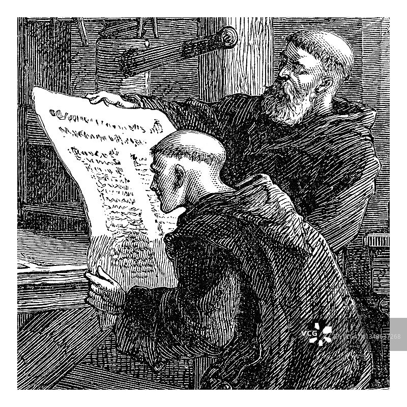 僧侣阅读旧羊皮纸的旧版雕刻插图图片素材