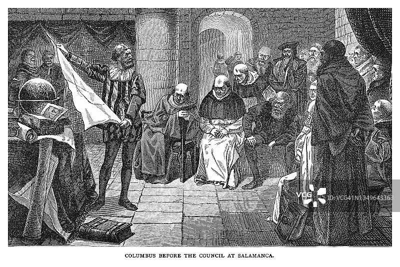 哥伦布在萨拉曼卡委员会前的老式雕刻插图图片素材
