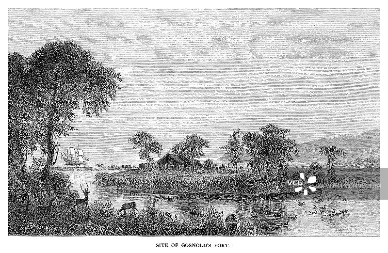 戈斯诺德堡遗址的古老雕刻插图图片素材