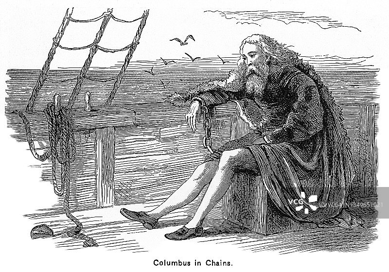 戴着镣铐的意大利探险家克里斯托弗·哥伦布的古老雕刻插图图片素材