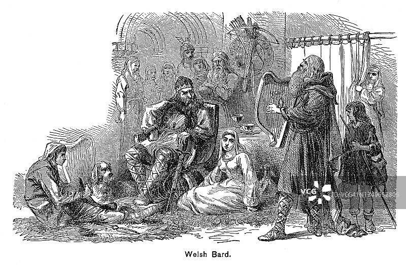 吟唱英雄传说的威尔士吟游诗人古老插图图片素材