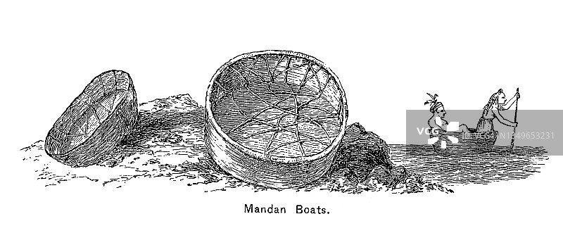 曼丹印第安人（美洲原住民部落）的旧插画——曼丹船图片素材
