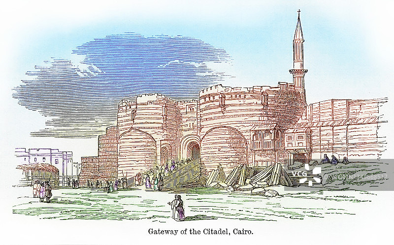 埃及开罗萨拉丁城堡入口门的老式雕刻插图图片素材