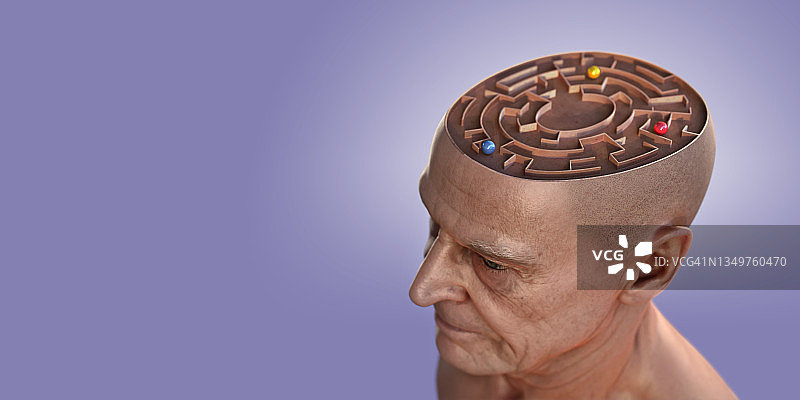 移除头顶露出迷宫的老年男人头部特写图片素材