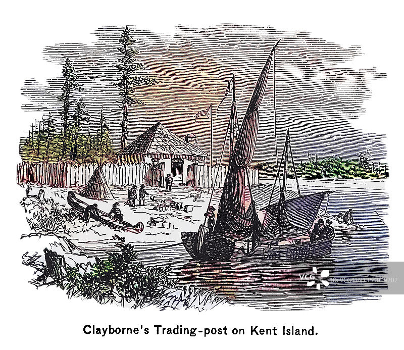 克莱伯恩在切萨皮克湾肯特岛的第一个贸易站（1631年）古老雕刻插图图片素材