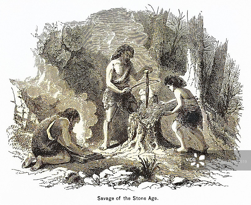 石器时代史前人类（野蛮人）的古老雕刻插图图片素材
