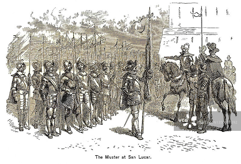 埃尔南多·德·索托从西班牙圣卢卡启程的古老雕刻插图，佛罗里达探险，1538年4月图片素材