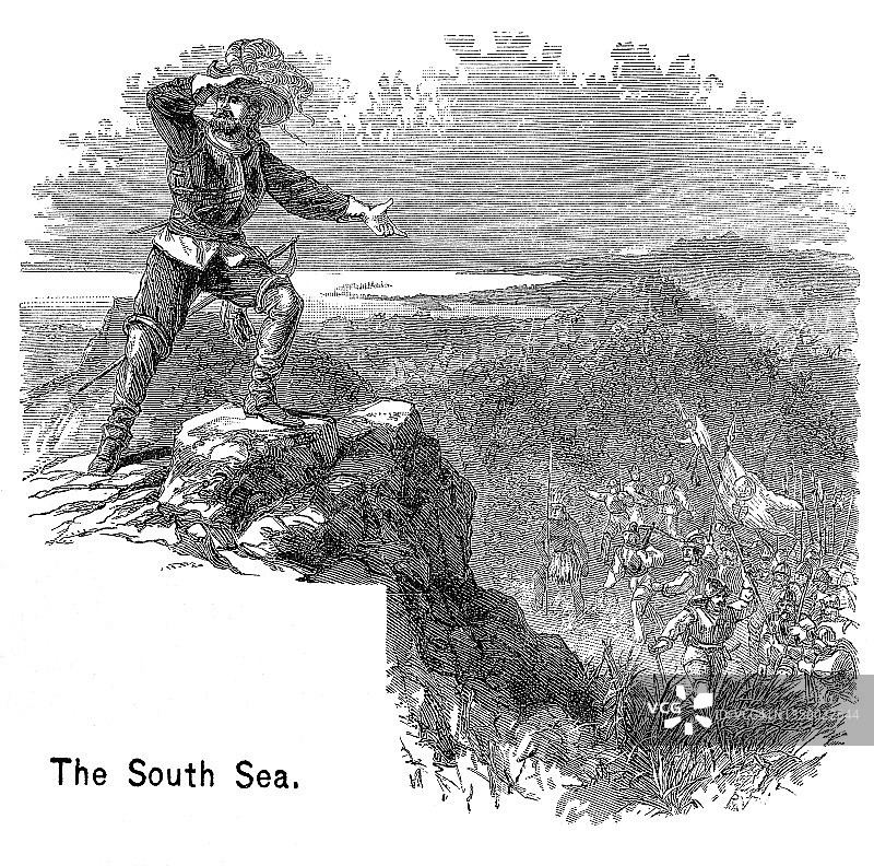 巴尔博亚于1513年首次登上太平洋（南海）的老式雕刻插图图片素材