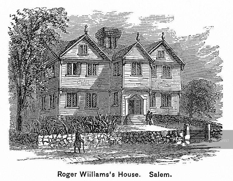 罗杰·威廉姆斯在塞勒姆的房子的古老雕刻插图（清教徒牧师、神学家和作家，普罗维登斯种植园的创始人）- 巫婆之家图片素材