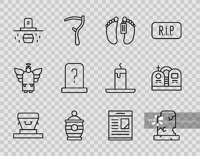 棺材、带墓碑的旧坟墓、尸体、殡葬瓮、坟墓棺材、讣告和图标矢量素材图片素材