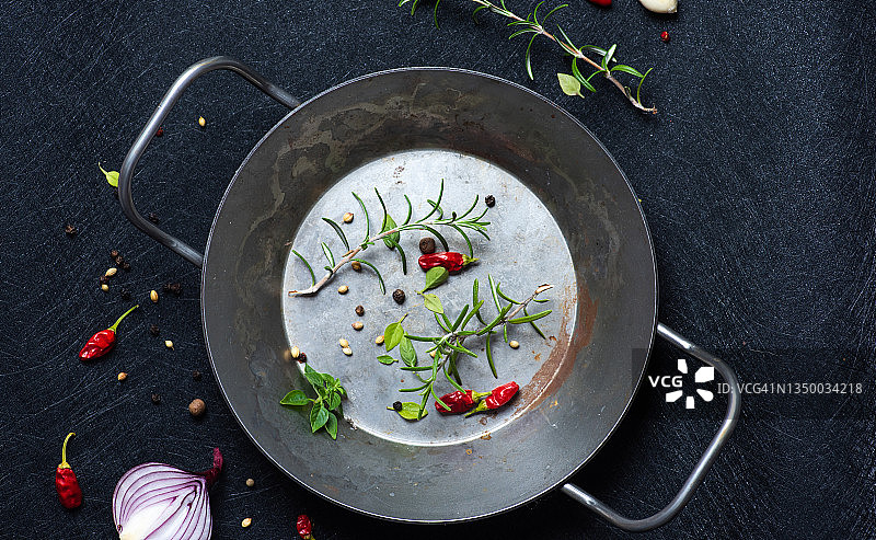 平底锅里的新鲜迷迭香、樱桃番茄和辣椒图片素材