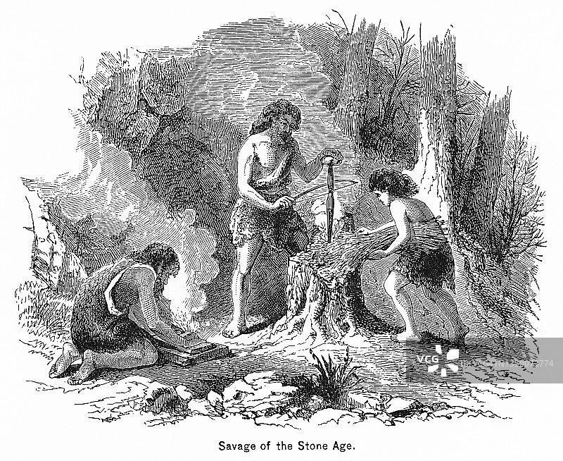 石器时代史前人类（野蛮人）的古老雕刻插图图片素材