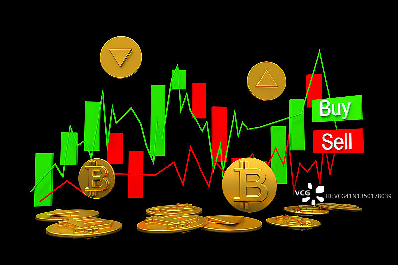 加密货币交易图表与金色加密货币图片素材