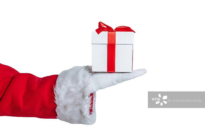 圣诞老人手赠送礼物，白色背景带复制空间图片素材