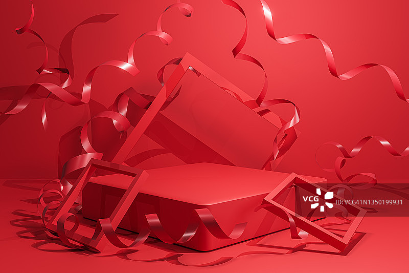 3D渲染庆典背景概念，红色领奖台或舞台图片素材