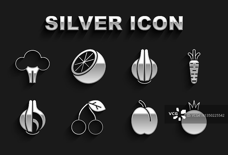 樱桃、胡萝卜、番茄、李子、洋葱、西兰花和橙子图标矢量图图片素材