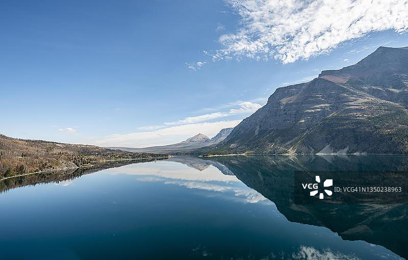 冰川国家公园圣玛丽湖中群山倒影（美国蒙大拿州落基山脉）图片素材