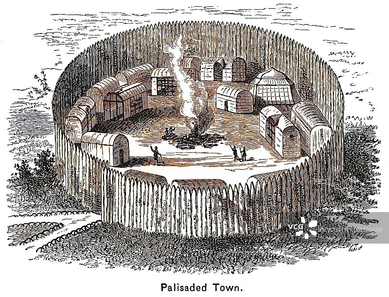 早期西班牙美洲阿拉巴马州带栅栏的印第安城镇的旧版雕刻插图图片素材
