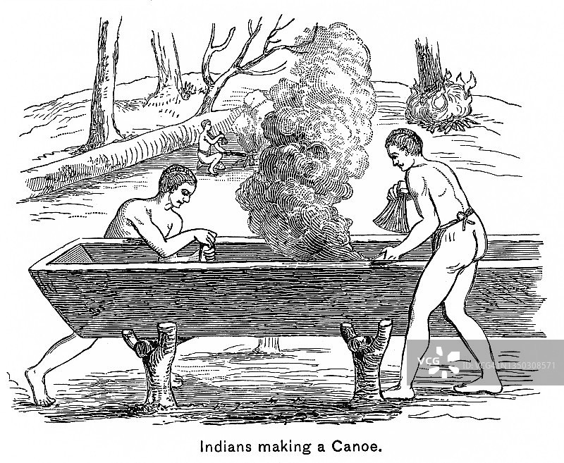 印第安人制作独木舟的古老雕刻插图图片素材
