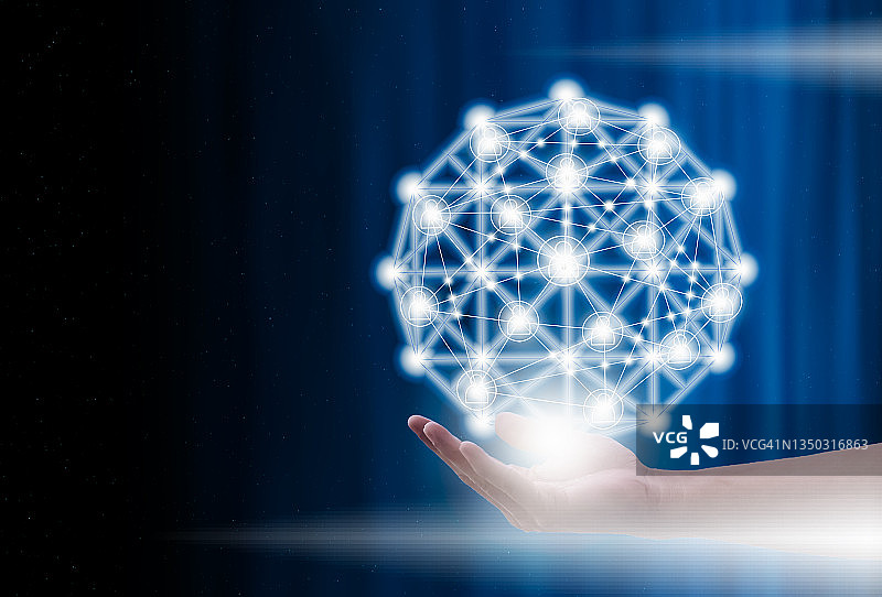 双重曝光：商人张开手掌，人与人之间的全球数字连接。未来全球数字通信概念图片素材