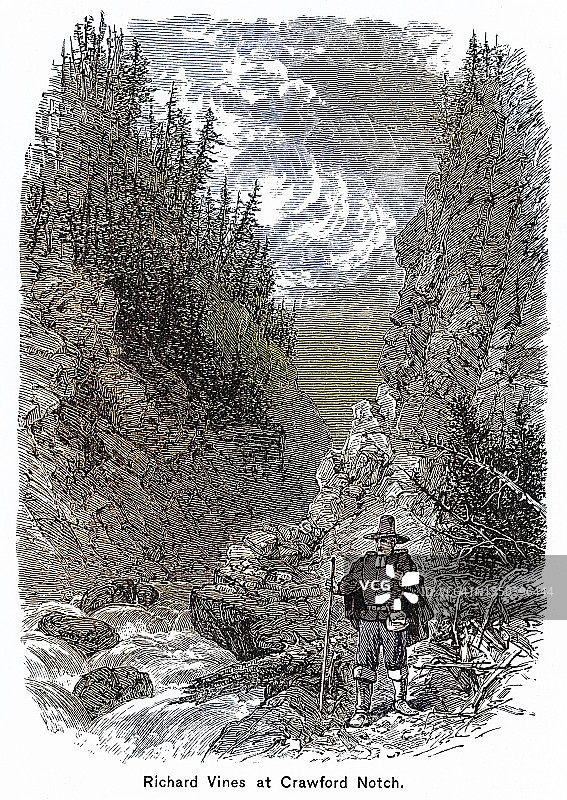 理查德·瓦恩斯在克劳福德山口古版画，新罕布什尔州白山的主要通道图片素材