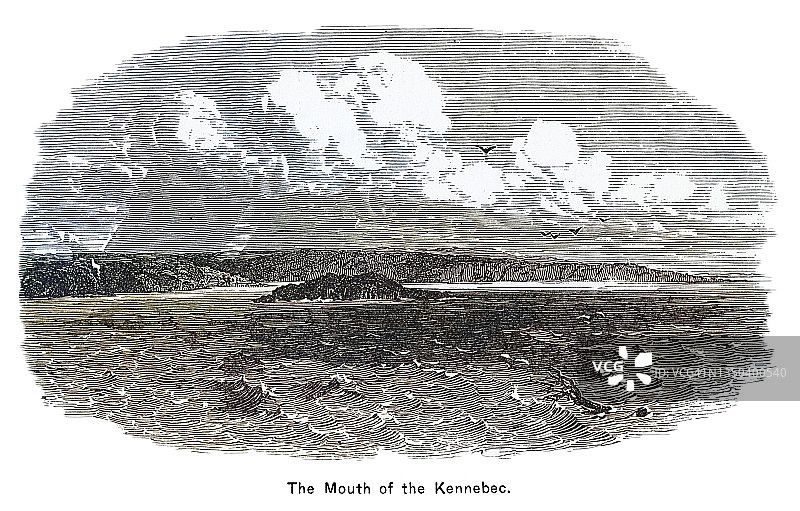 老式雕刻插图：1607年的肯纳贝克河河口图片素材