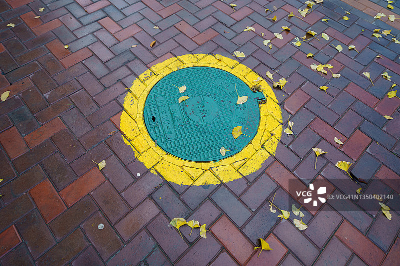 铺石路上的水井盖图片素材