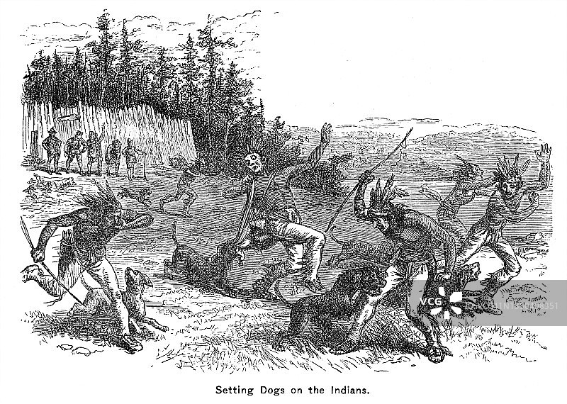 1607年缅因州波帕姆殖民者在肯纳贝克河口用猎犬袭击美洲原住民图片素材