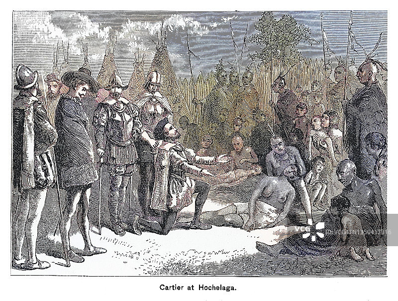法国探险家雅克·卡蒂埃与易洛魁人在霍切拉加会面古老雕刻插图图片素材