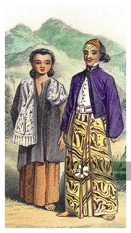 马来西亚人传统服饰古老彩色石印插画，爪哇岛原住民图片素材