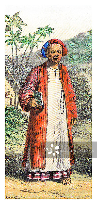 马来人（种族）的古老雕刻插图 - 爪哇原住民的传统马来服饰图片素材