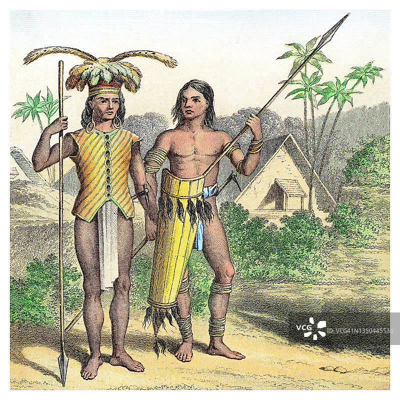 马来人：婆罗洲土著的传统马来服饰的老式雕刻插图图片素材