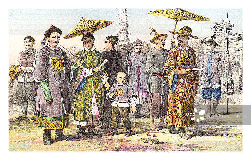 蒙古人、中国人和交趾人种古老雕刻插图图片素材