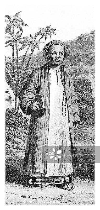 马来西亚人传统服饰古老彩色石印插画，爪哇岛原住民图片素材