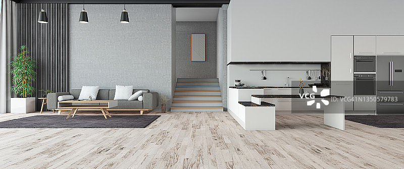 带有开放式厨房的现代客厅图片素材