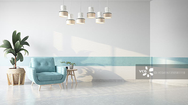 带蓝色扶手椅柜和灯的现代客厅图片素材