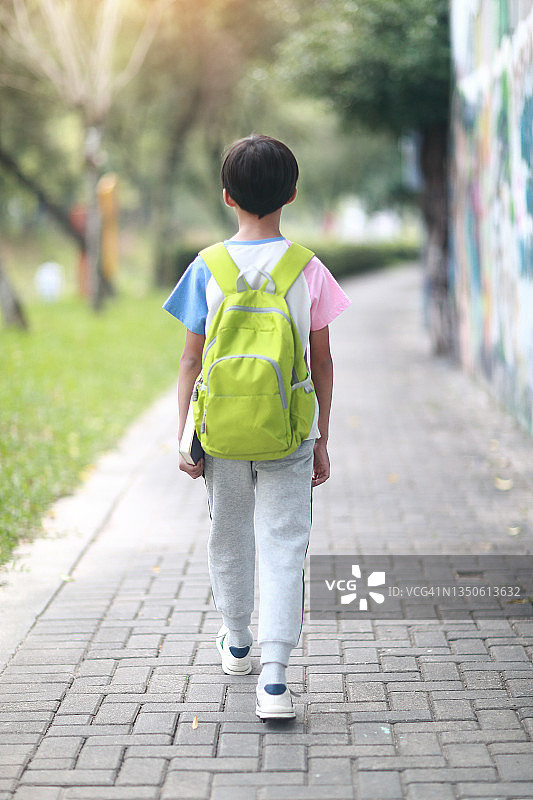 小男孩背着书包走在上学的路上图片素材