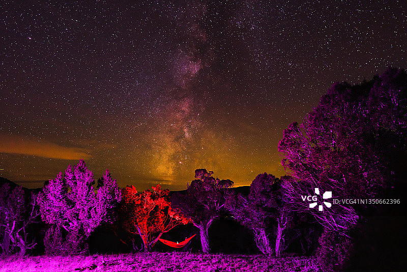 在吊床上仰望银河系图片素材