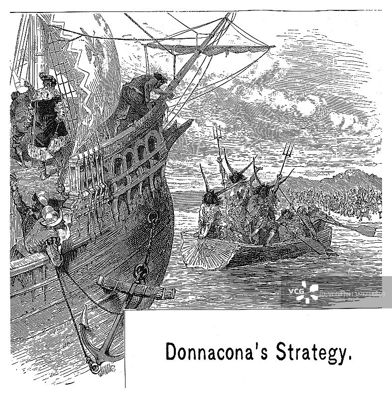 多纳科纳酋长战略的古老雕刻插图图片素材