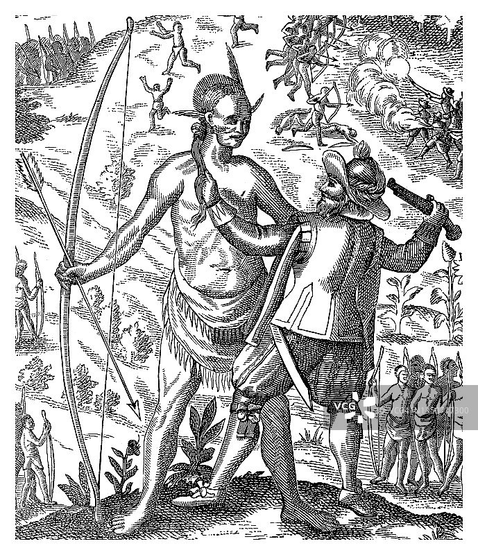 约翰·史密斯俘虏帕蒙基国王的旧雕刻插图，描绘了来自史密斯《弗吉尼亚通史》(1624)中奥佩坎卡诺的异想天开的形象图片素材
