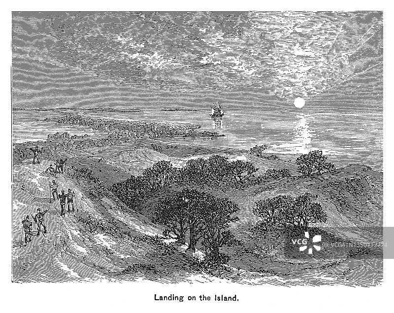 罗阿诺克岛殖民者登陆老旧插画图片素材