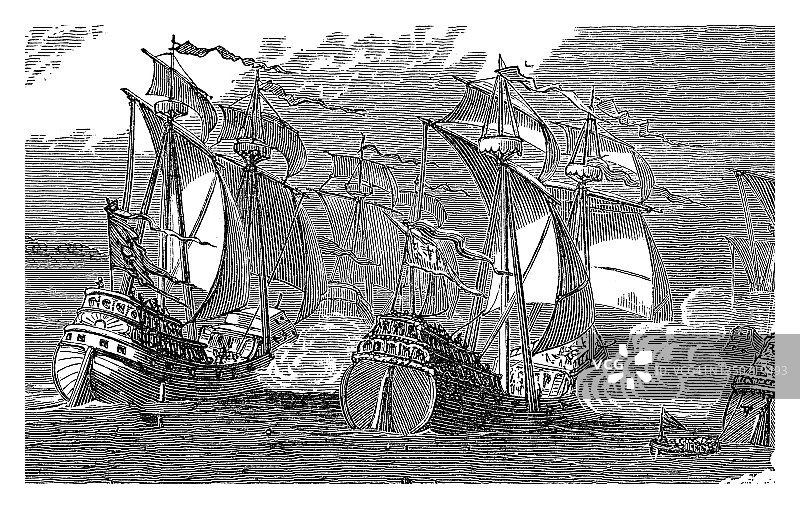 海战的古老雕刻插图图片素材