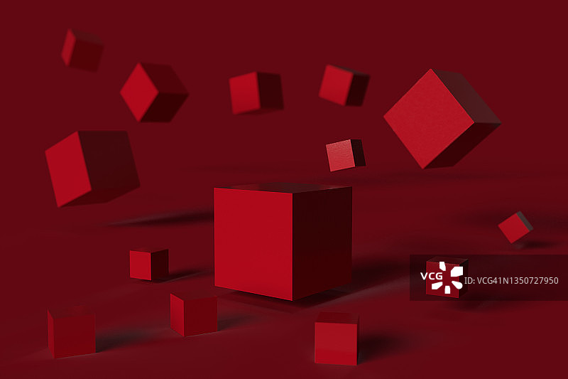红色背景上飞舞的立体立方体图片素材