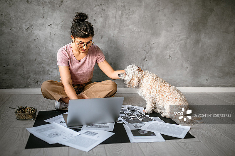 与可爱小狗在公司地板上工作的年轻创意女性图片素材