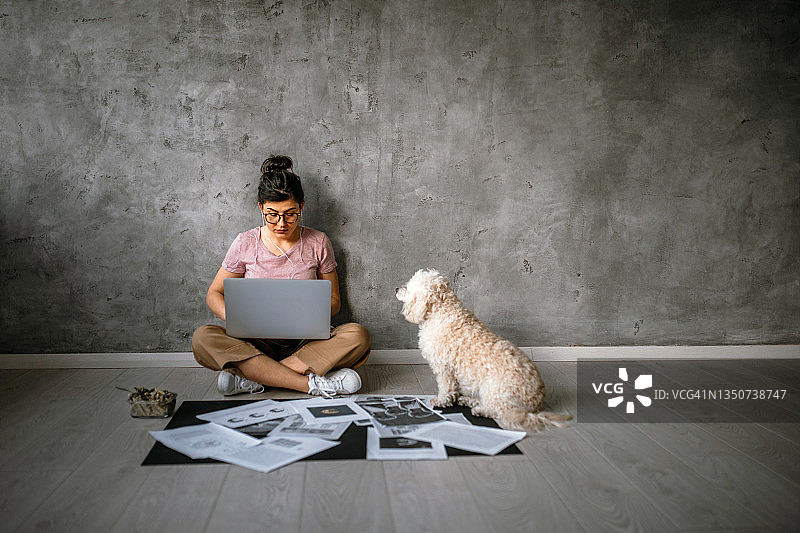 与可爱小狗在公司地板上工作的年轻创意女性图片素材