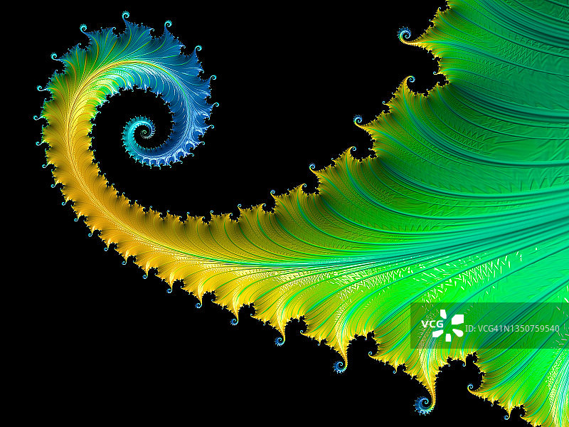 黑色背景上的绿色迷幻漩涡蕨类分形图案图片素材