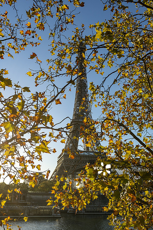 秋日埃菲尔铁塔与日出时的塞纳河图片素材
