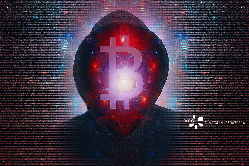 加密货币概念：带有比特币标志的兜帽人像，周围漂浮着发光能量图片素材