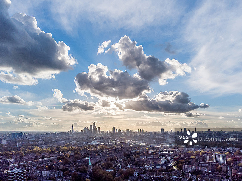 日落时分伦敦天际线上方的动态云彩图片素材